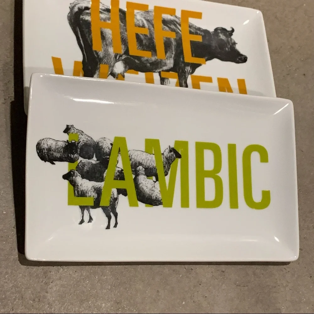Crate&Barrel Set of 3 Beer Rectangle Plates Bock/Hefeweizen/ Lambic